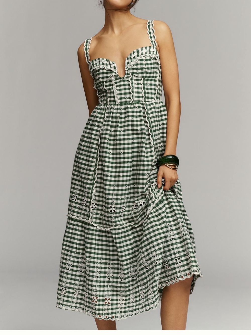 Maeve Green and White Gingham Midi Dress